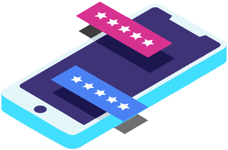 3D illustration of a mobile device and 5 star reviews banners coming out of a flat screen