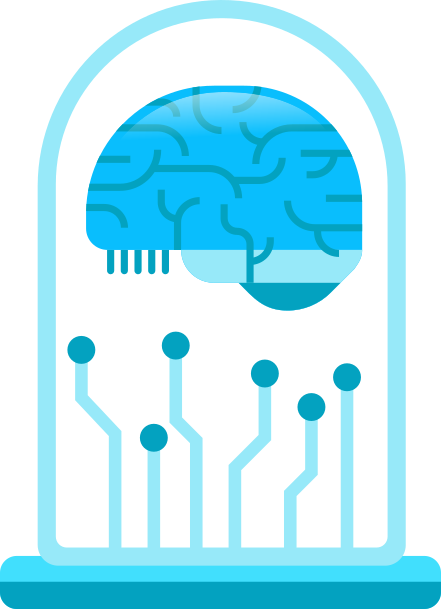 A digital brain inside of a lab glass container